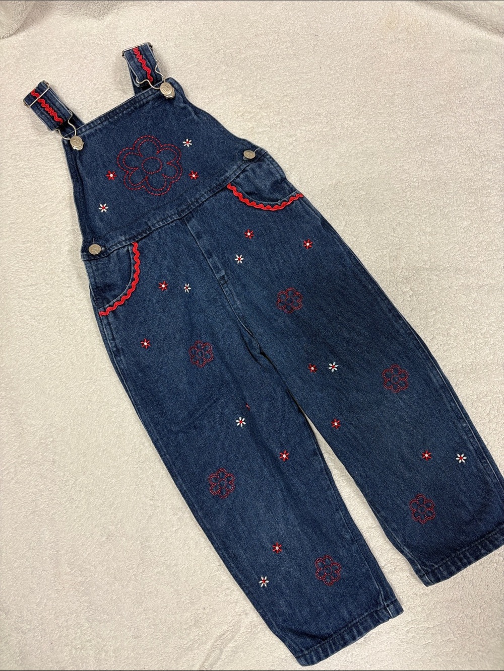 Fisher-Price vintage Blue Denim Overalls Red White Embroidery ric rac trim 3t